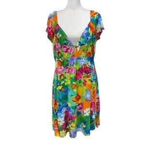 Jams World Day Glow Dress Women Size L V-Neck Knee Length Floral Hawaii Pockets